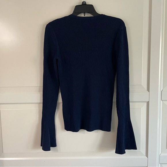 Iris & Ink Ribbed Bell Sleeves navy blue sweater 30660. - Picture 3 of 6
